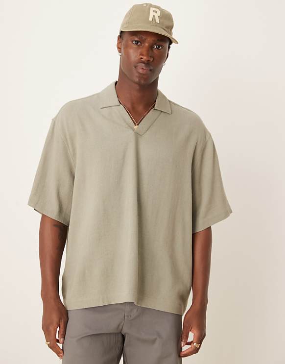 asos ASOS DESIGN boxy oversized overhead linen blend shirt in khaki