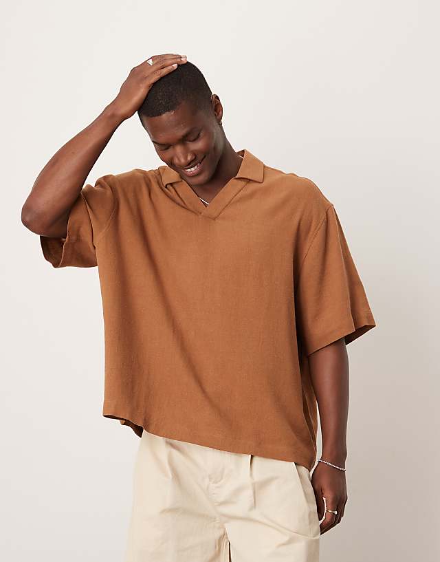 asos ASOS DESIGN boxy oversized overhead linen blend shirt in brown