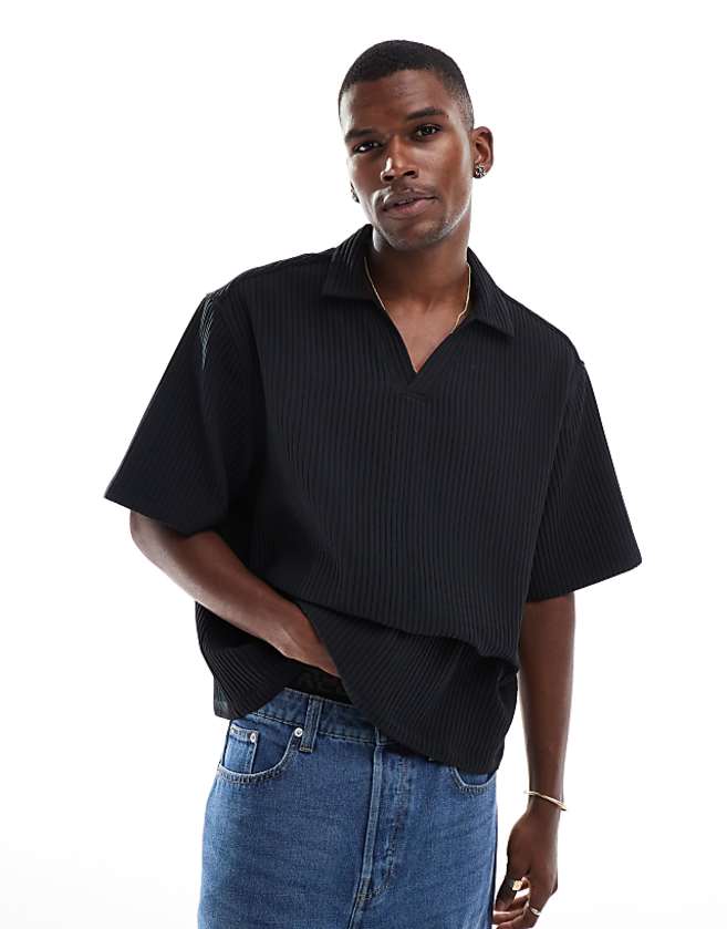 asos ASOS DESIGN boxy oversized overhead plisse shirt in black