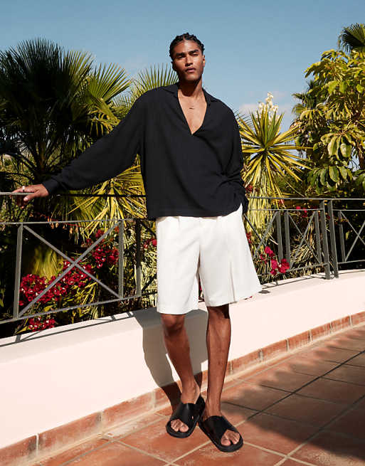 Asos ASOS DESIGN Boxy Oversized Overhead Textured Linen Blend Shirt In Black