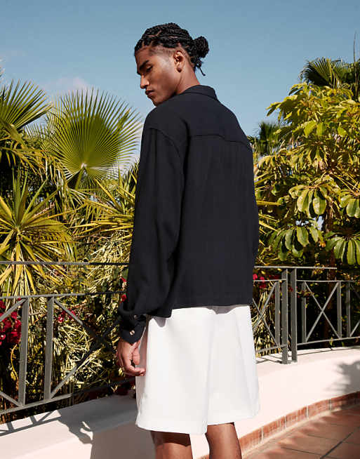 Asos ASOS DESIGN Boxy Oversized Overhead Textured Linen Blend Shirt In Black