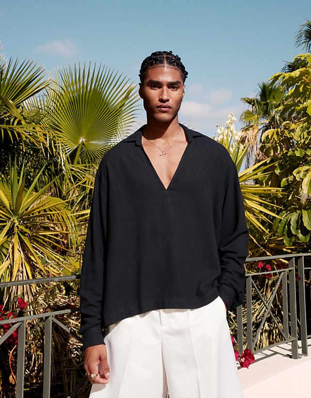 asos ASOS DESIGN boxy oversized overhead textured linen blend shirt in black