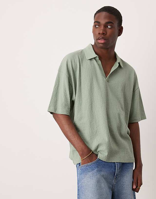 asos ASOS DESIGN boxy oversized polo in sage green texture