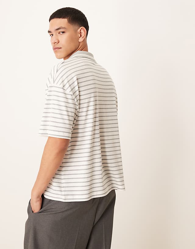Asos ASOS DESIGN Boxy Oversized Polo With Chest Logo In Blue And White Ribbed Stripe