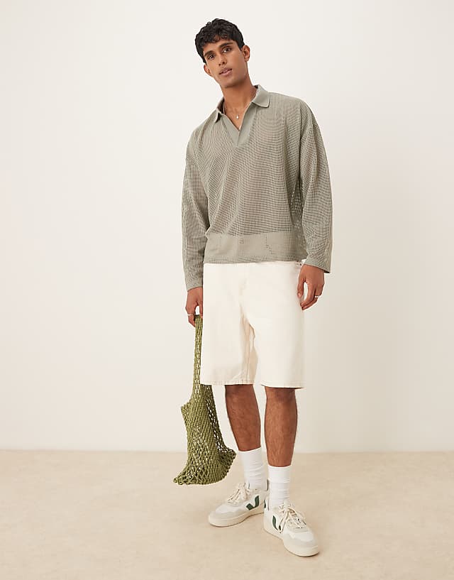 Asos ASOS DESIGN Boxy Oversized Polo With Dropped Shoulder In Khaki Open Mesh