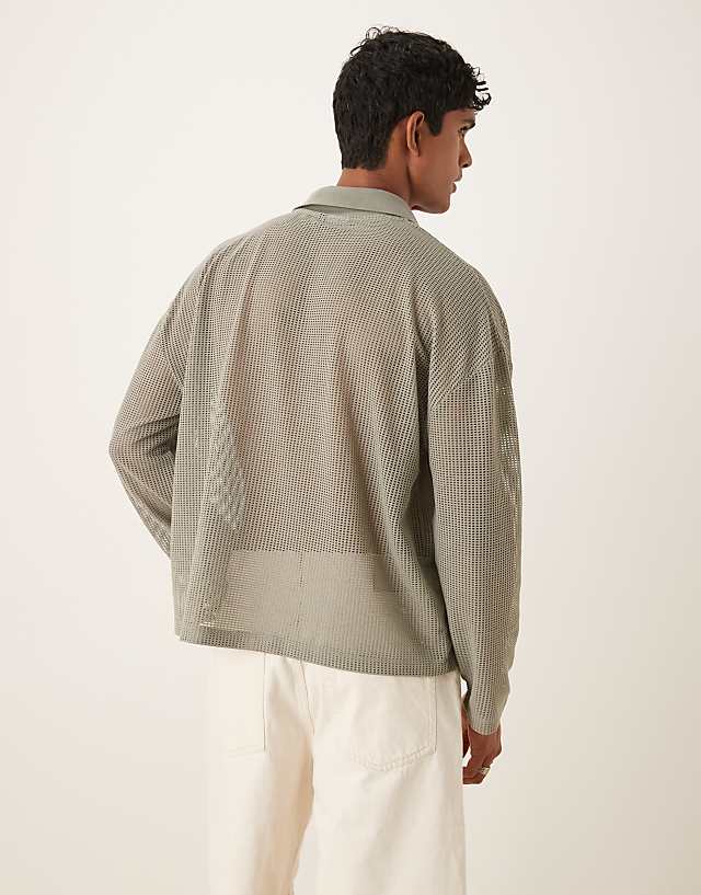 Asos ASOS DESIGN Boxy Oversized Polo With Dropped Shoulder In Khaki Open Mesh