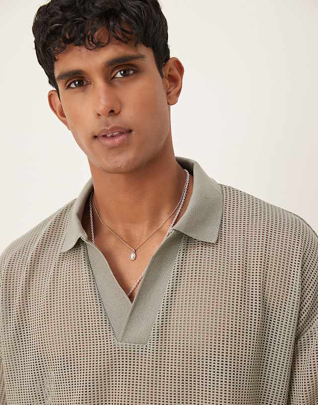 Asos ASOS DESIGN Boxy Oversized Polo With Dropped Shoulder In Khaki Open Mesh