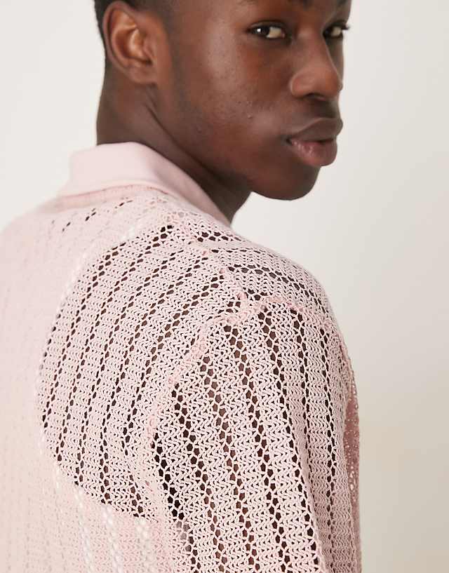 Asos ASOS DESIGN Boxy Oversized Polo With Dropped Shoulder Polo In Pink Crochet