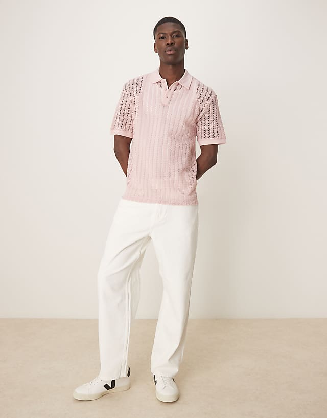 Asos ASOS DESIGN Boxy Oversized Polo With Dropped Shoulder Polo In Pink Crochet