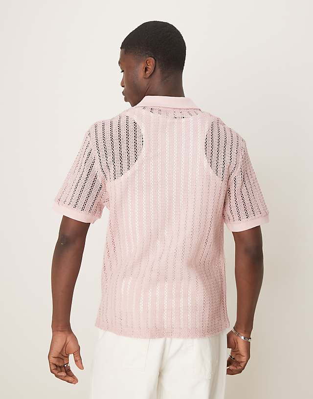 Asos ASOS DESIGN Boxy Oversized Polo With Dropped Shoulder Polo In Pink Crochet