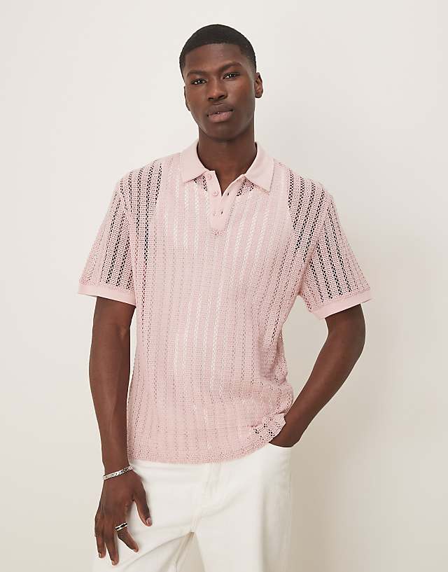 asos ASOS DESIGN boxy oversized polo with dropped shoulder polo in pink crochet