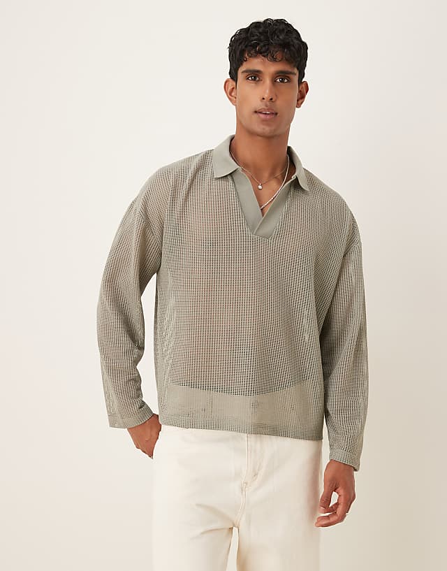 asos ASOS DESIGN boxy oversized polo with dropped shoulder in khaki open mesh