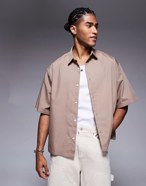asos ASOS DESIGN boxy oversized poplin shirt in brown