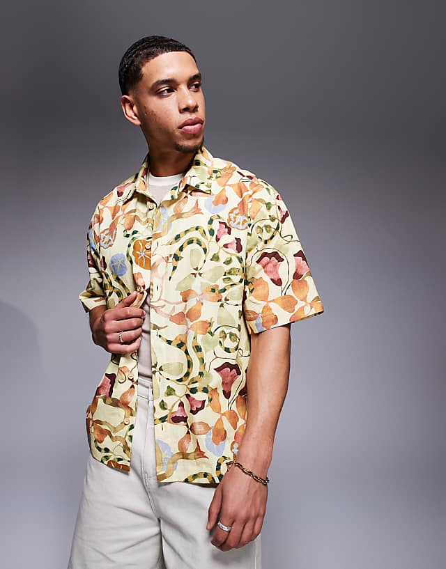 asos ASOS DESIGN boxy oversized printed shirt in neutral