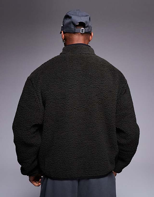 Asos ASOS DESIGN Boxy Oversized Quarter Zip Borg Sweatshirt In Khaki