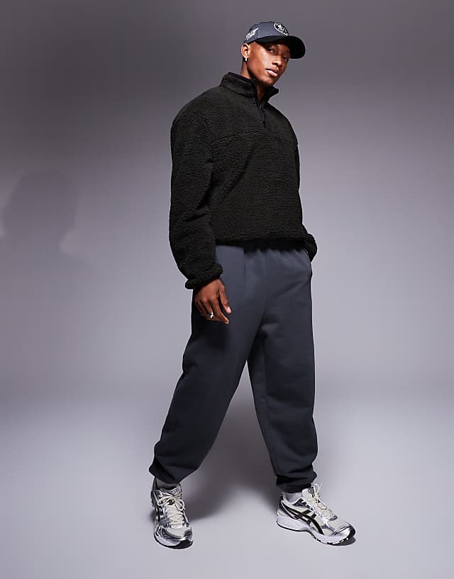 Asos ASOS DESIGN Boxy Oversized Quarter Zip Borg Sweatshirt In Khaki