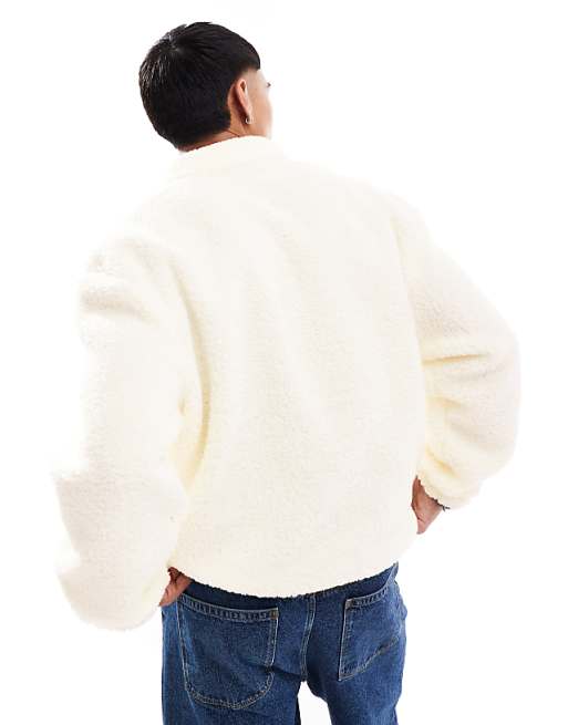 Asos ASOS DESIGN Boxy Oversized Quarter Zip Borg Sweatshirt In Cream