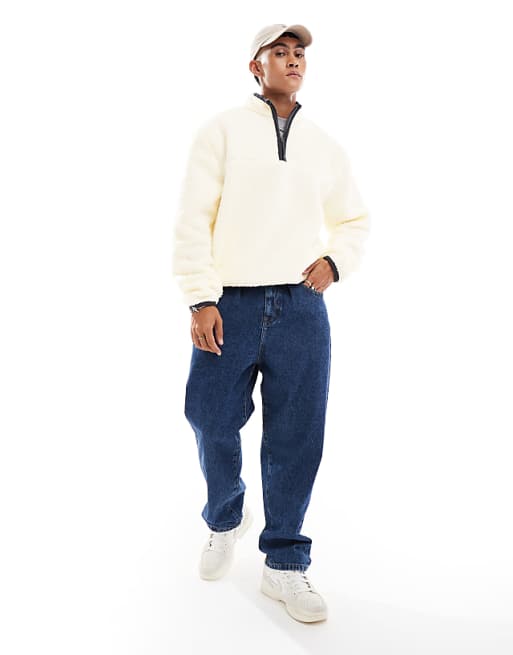 Asos ASOS DESIGN Boxy Oversized Quarter Zip Borg Sweatshirt In Cream