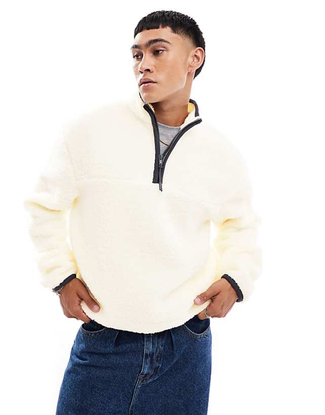asos ASOS DESIGN boxy oversized quarter zip borg sweatshirt in cream