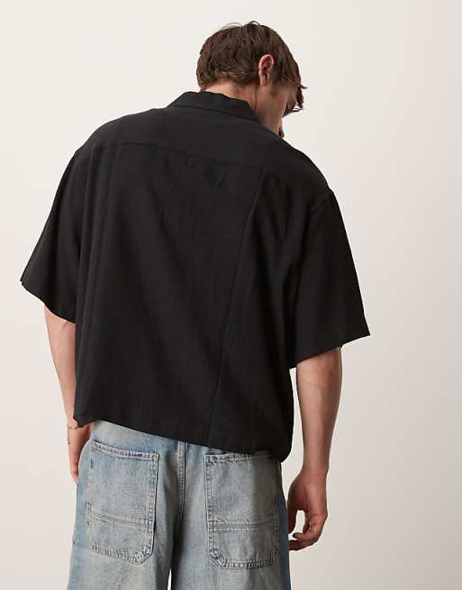 Asos ASOS DESIGN Boxy Oversized Revere Linen Blend Shirt In Black