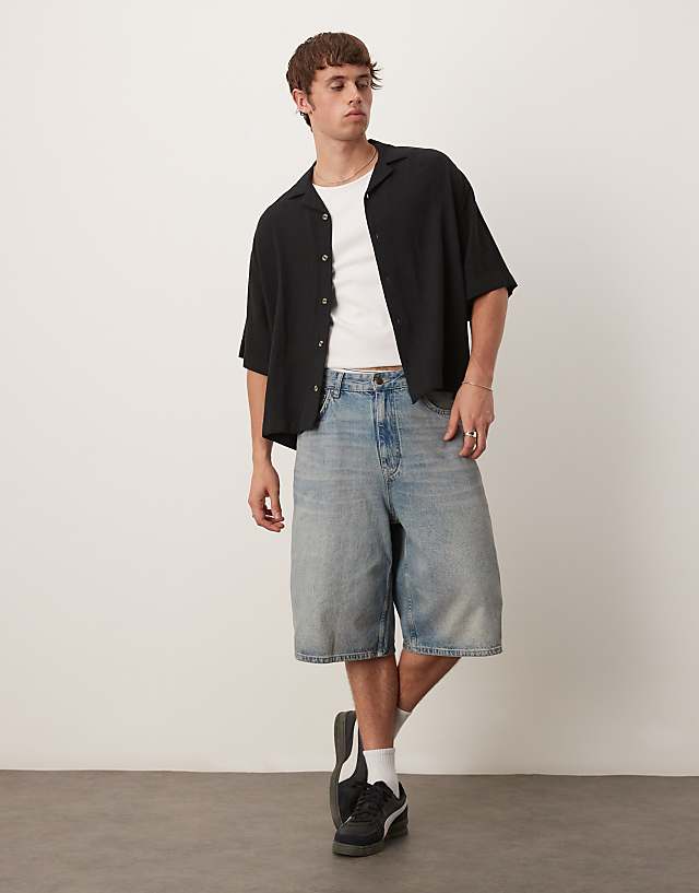 Asos ASOS DESIGN Boxy Oversized Revere Linen Blend Shirt In Black