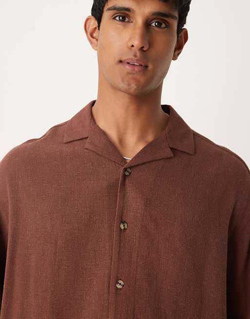 Asos ASOS DESIGN Boxy Oversized Revere Linen Blend Shirt In Brown