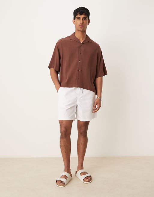 Asos ASOS DESIGN Boxy Oversized Revere Linen Blend Shirt In Brown