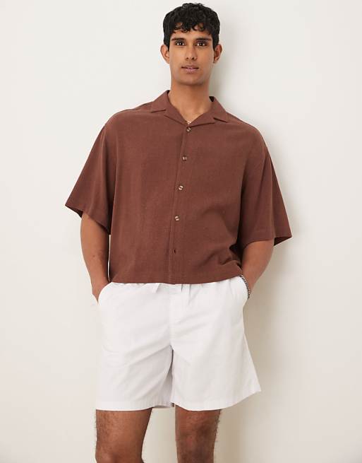 asos ASOS DESIGN boxy oversized revere linen blend shirt in brown