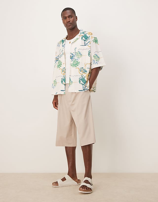 Asos ASOS DESIGN Boxy Oversized Revere Printed Shirt In Neutral