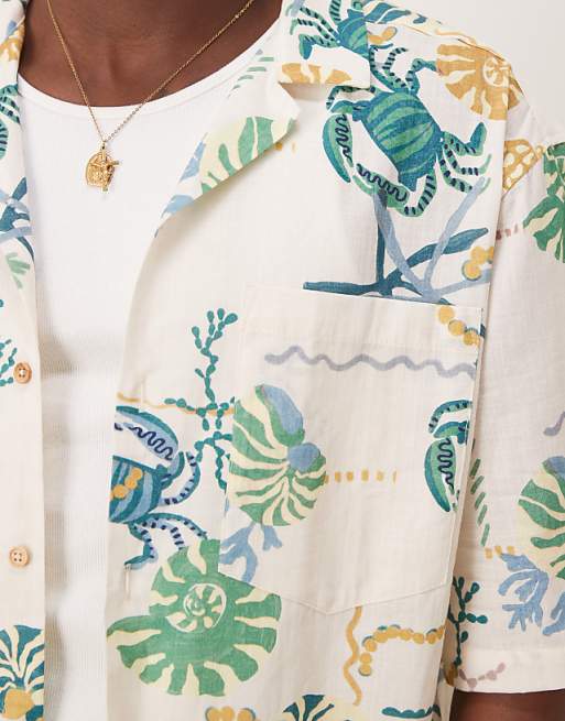 Asos ASOS DESIGN Boxy Oversized Revere Printed Shirt In Neutral
