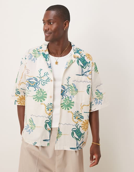 asos ASOS DESIGN boxy oversized revere printed shirt in neutral