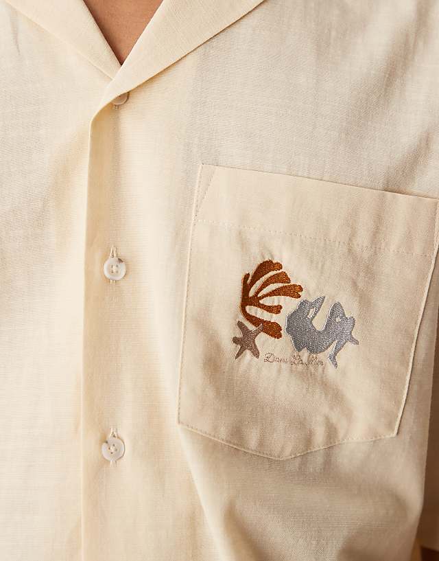 Asos ASOS DESIGN Boxy Oversized Revere Shirt With Chest Embroidery In Beige