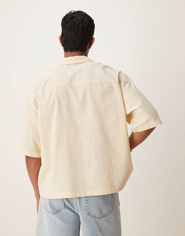 Asos ASOS DESIGN Boxy Oversized Revere Shirt With Chest Embroidery In Beige