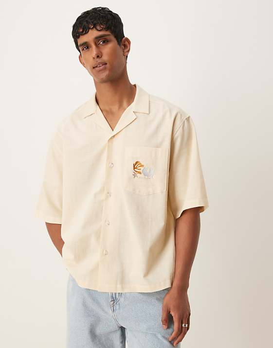 asos ASOS DESIGN boxy oversized revere shirt with chest embroidery in beige
