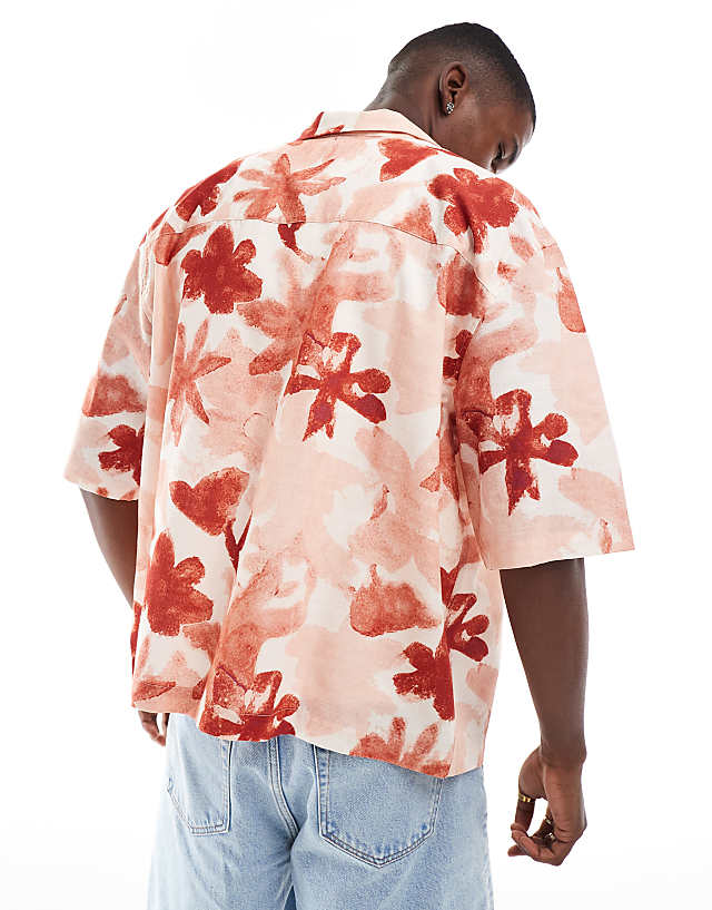 Asos ASOS DESIGN Boxy Oversized Revere Shirt With Floral Print In Pink