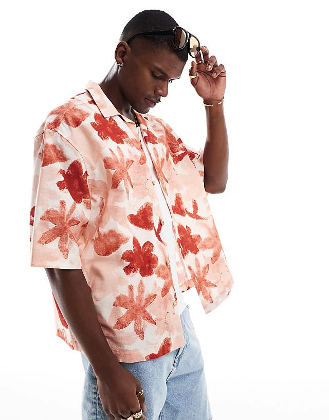 asos ASOS DESIGN boxy oversized revere shirt with floral print in pink