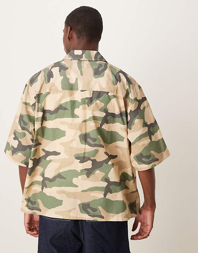 Asos ASOS DESIGN Boxy Oversized Shirt With Chest Embroidery In Camo Print