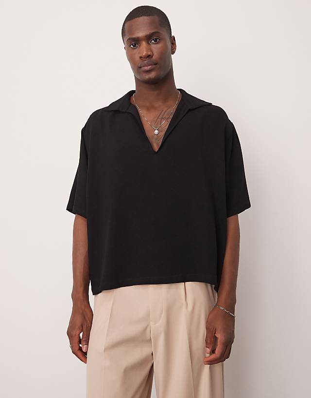asos ASOS DESIGN boxy oversized shirt with deep v neck in black