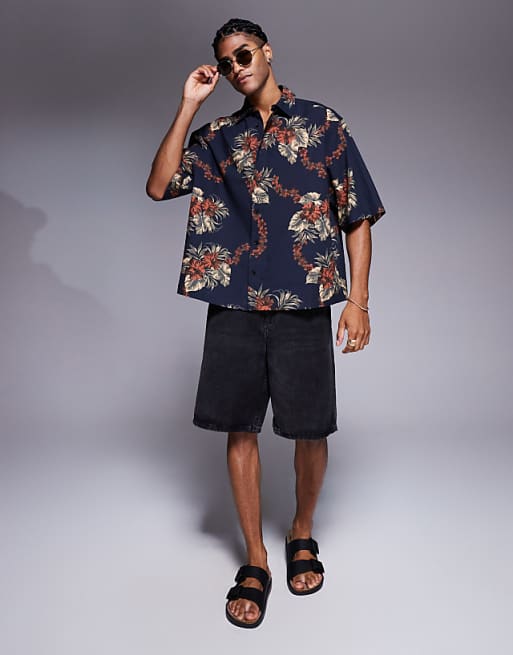 Asos ASOS DESIGN Boxy Oversized Shirt With Floral Print In Brown And Navy
