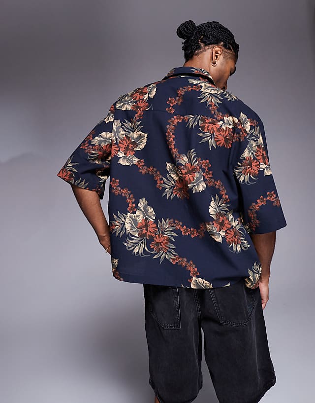 Asos ASOS DESIGN Boxy Oversized Shirt With Floral Print In Brown And Navy