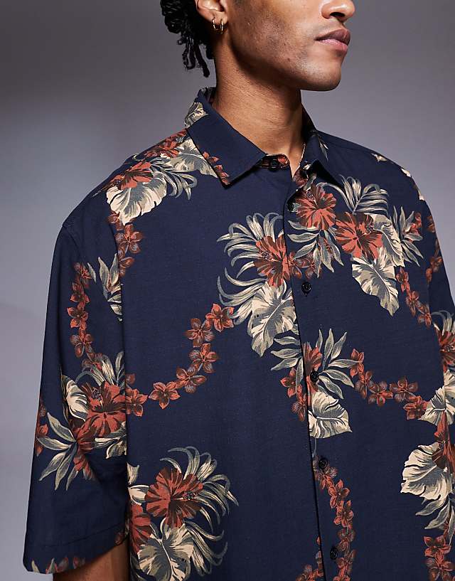 Asos ASOS DESIGN Boxy Oversized Shirt With Floral Print In Brown And Navy