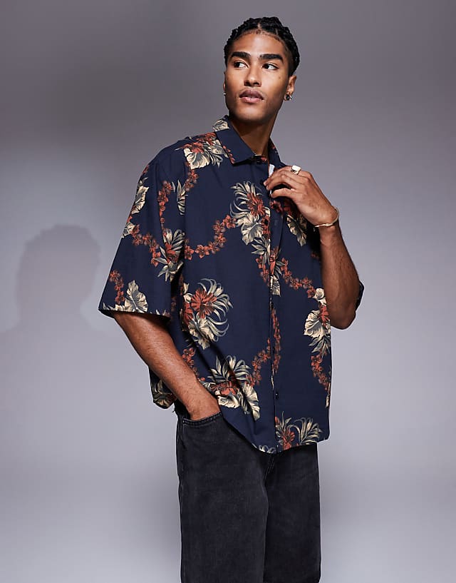 asos ASOS DESIGN boxy oversized shirt with floral print in brown and navy