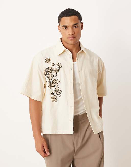 asos ASOS DESIGN boxy oversized shirt with flower print in beige