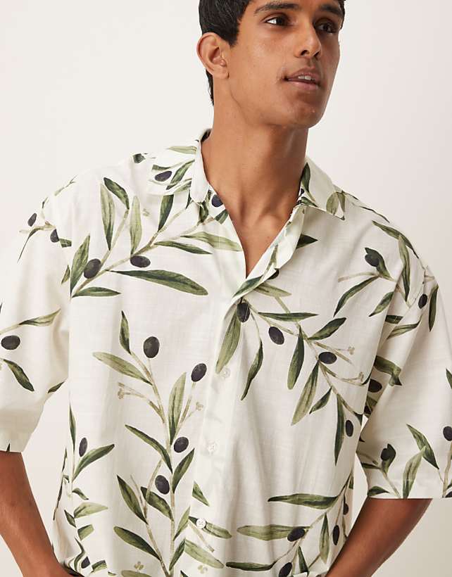 asos ASOS DESIGN boxy oversized shirt with leaf print in white and green