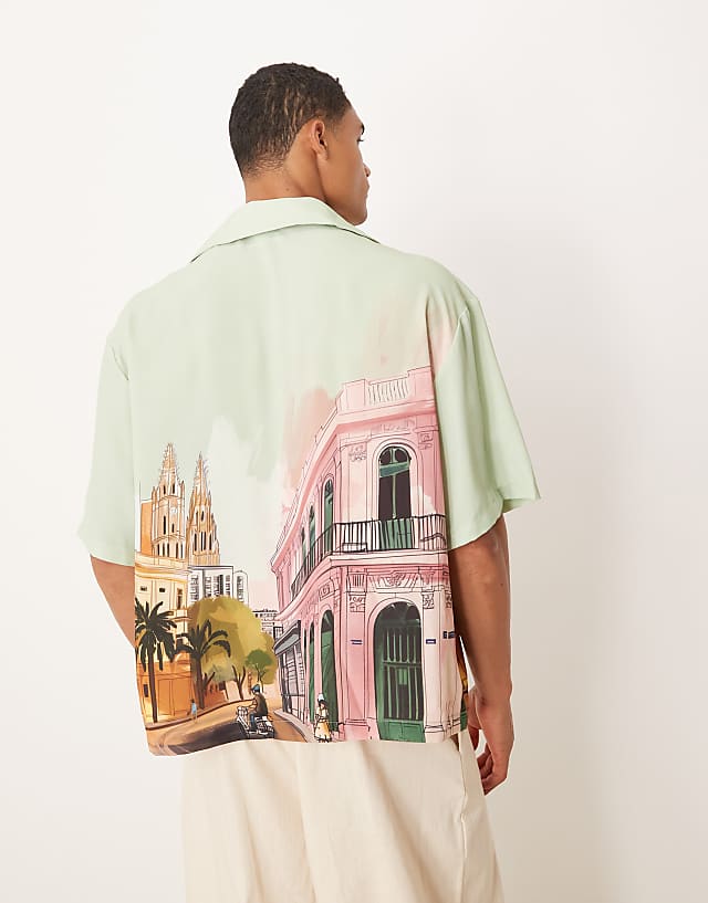 Asos ASOS DESIGN Boxy Oversized Shirt With Print In Blue