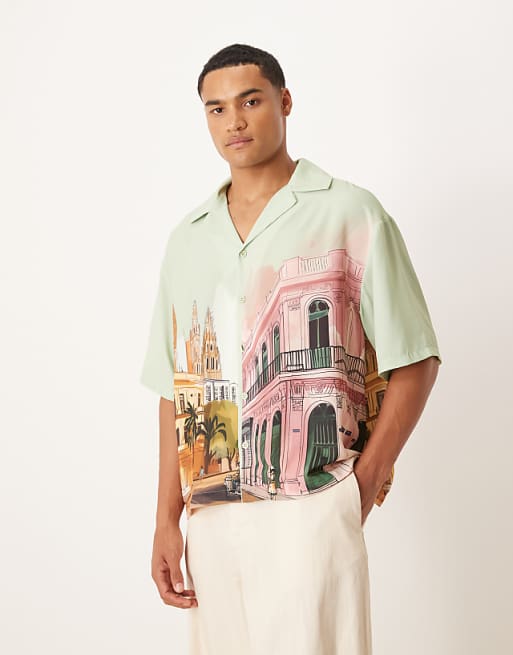 asos ASOS DESIGN boxy oversized shirt with print in blue