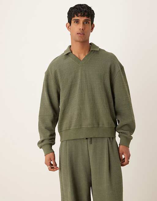 Asos ASOS DESIGN Boxy Oversized Smart Linen Look Polo Sweatshirt In Khaki