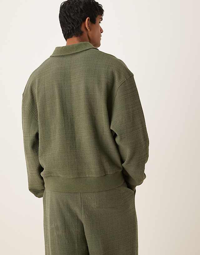 Asos ASOS DESIGN Boxy Oversized Smart Linen Look Polo Sweatshirt In Khaki