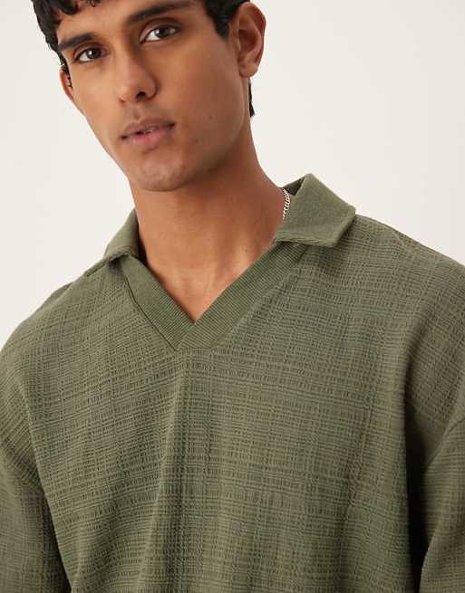 Asos ASOS DESIGN Boxy Oversized Smart Linen Look Polo Sweatshirt In Khaki