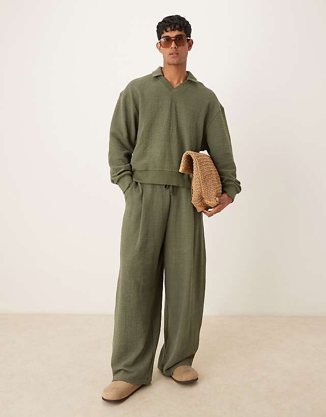 asos ASOS DESIGN boxy oversized smart linen look polo sweatshirt in khaki